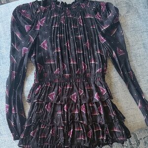 Ba&sh Black Ruffled Dress with Purple Geometric Print